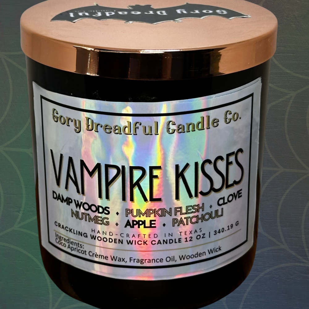Vampire Kisses Crackling Wooden Wick Candle: Damp Woods Pumpkin Flesh Clove Nutmeg Apple Patchouli Scent