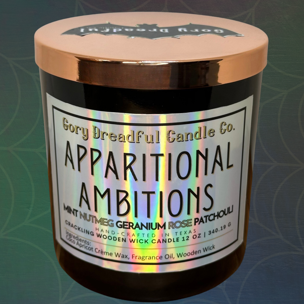 Apparitional Ambitions Crackling Wooden Wick Candle: Mint Nutmeg Geranium Rose Patchouli Scent