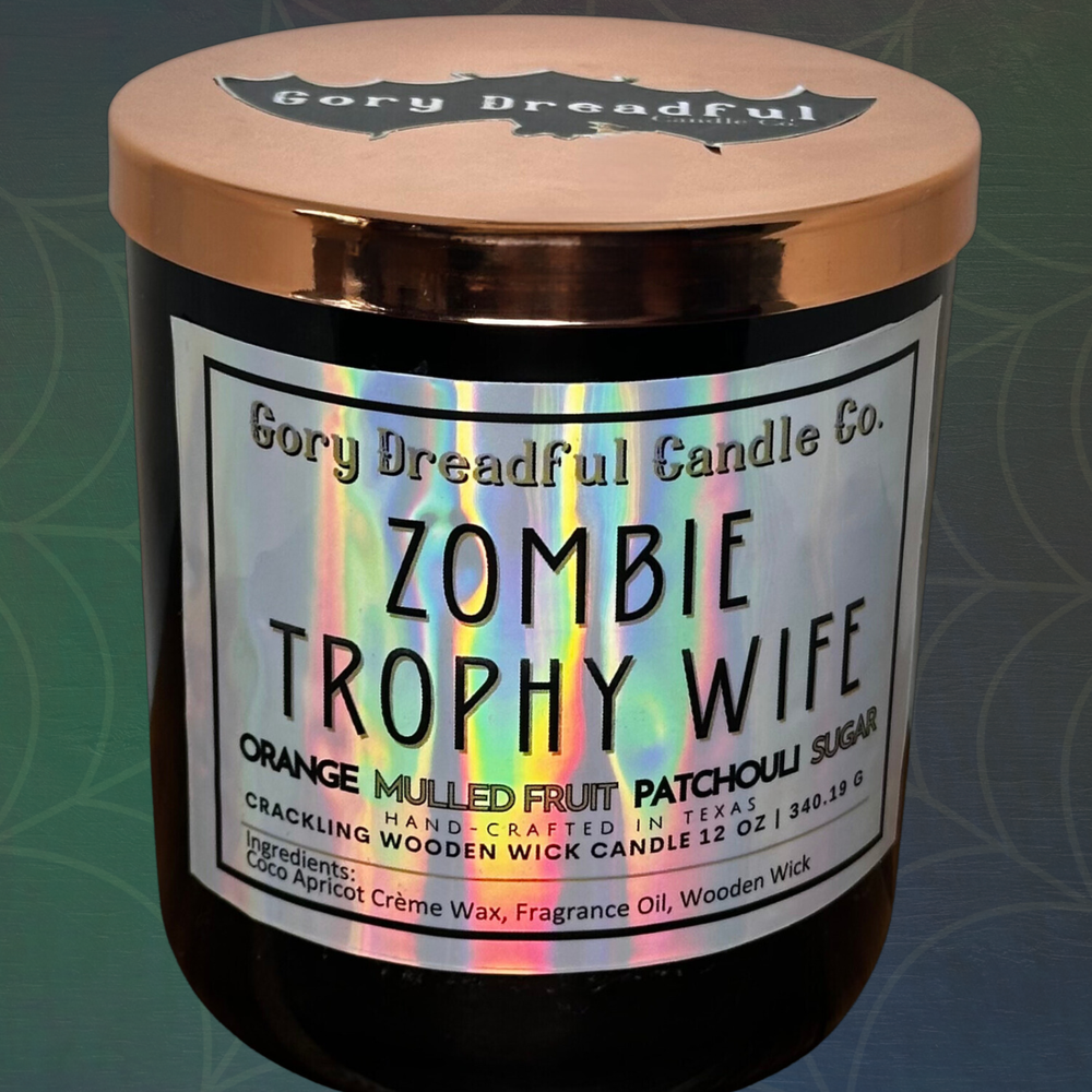 Zombie Trophy Wife Crackling Wooden Wick Candle: Orange Mulled Fruit Patchouli Sugar Scent