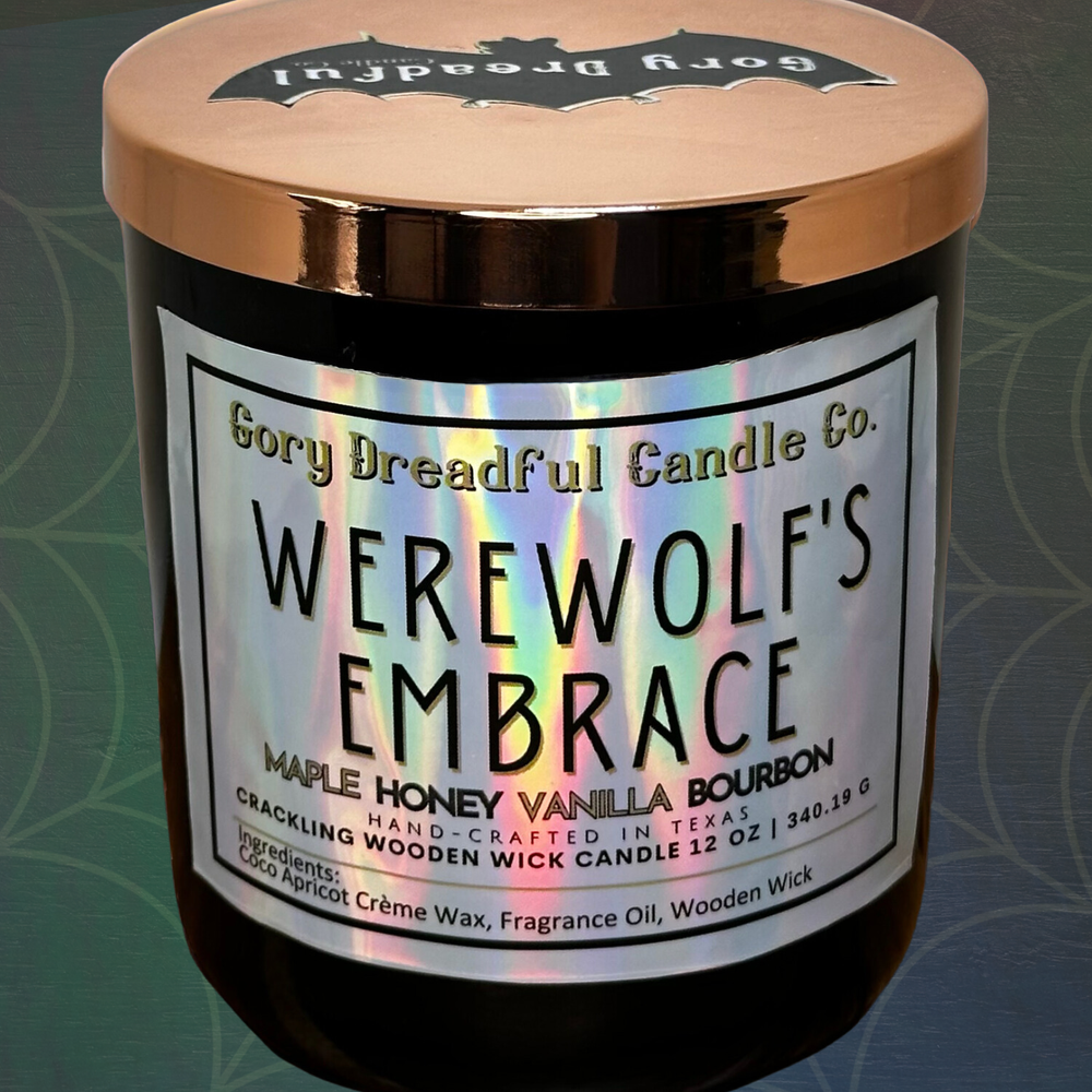 Werewolf's Embrace Crackling Wooden Wick Candle: Maple Honey Vanilla Bourbon Scent