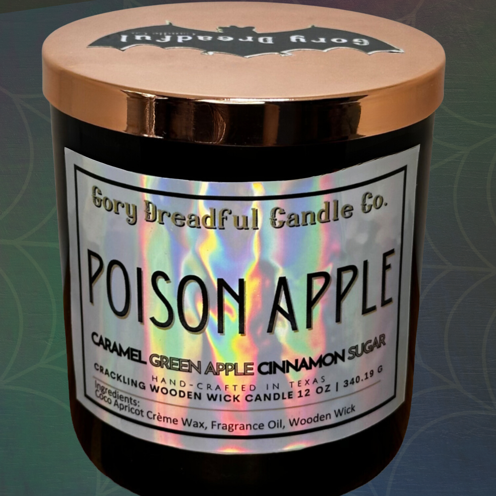Poison Apple Crackling Wooden Wick Candle: Caramel Green Apple Cinnamon Sugar Scent