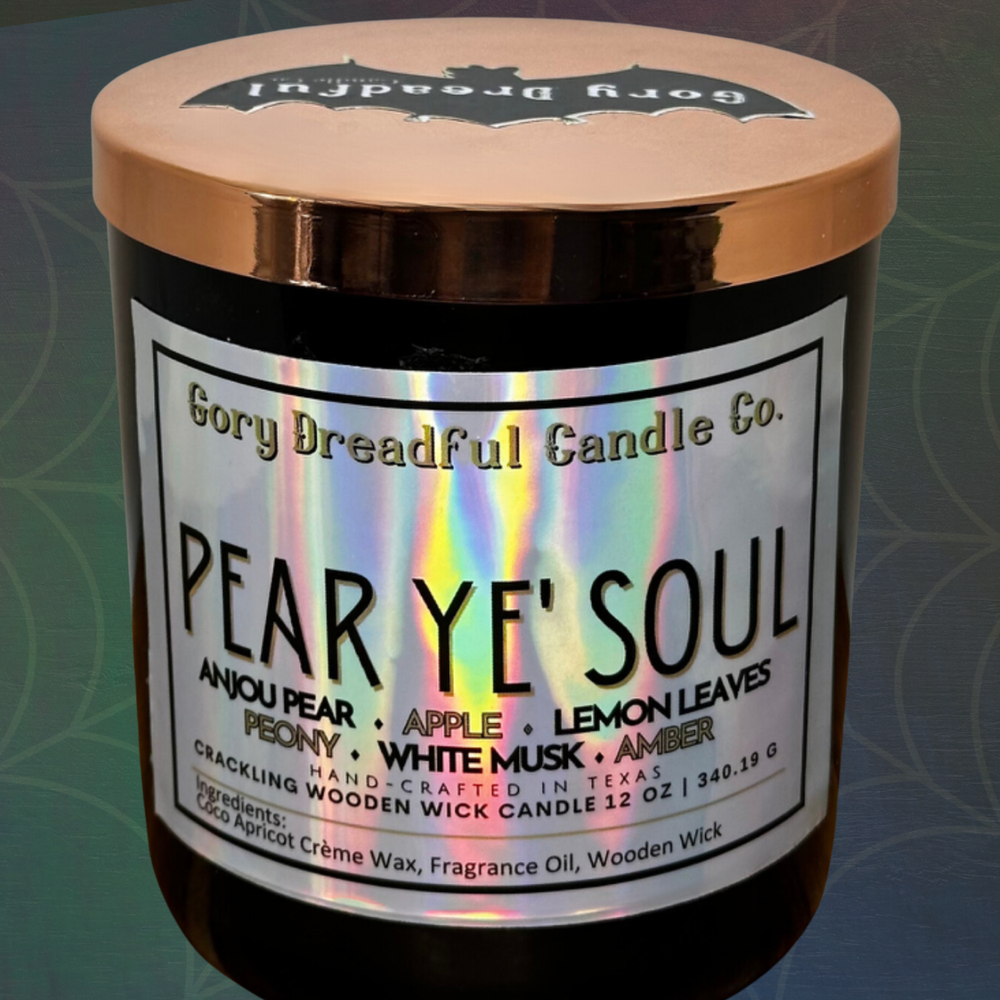 Pear Ye' Soul Crackling Wooden Wick Candle: Anjou Pear Apple Lemon Leaves Peony White Musk Amber Scent