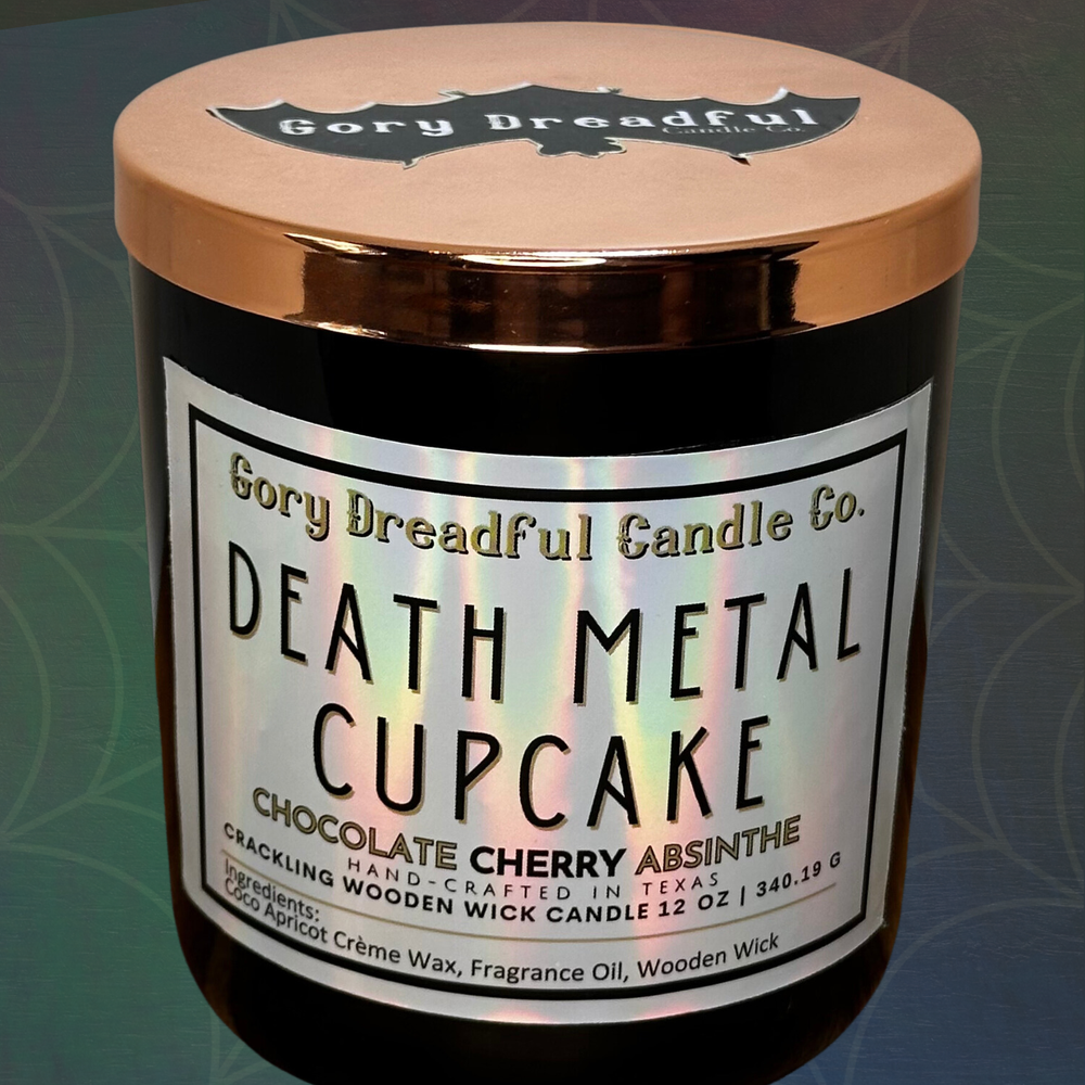 Death Metal Cupcake Crackling Wooden Wick Candle: Chocolate Cherry Absinthe Scent