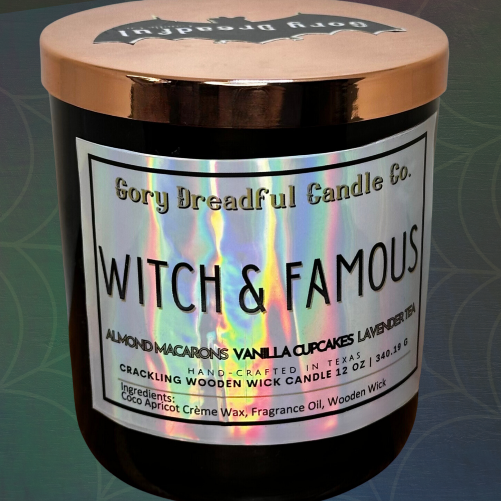 Witch & Famous Crackling Wooden Wick Candle: Almond Macarons Vanilla Cake Lavender Tea Scent